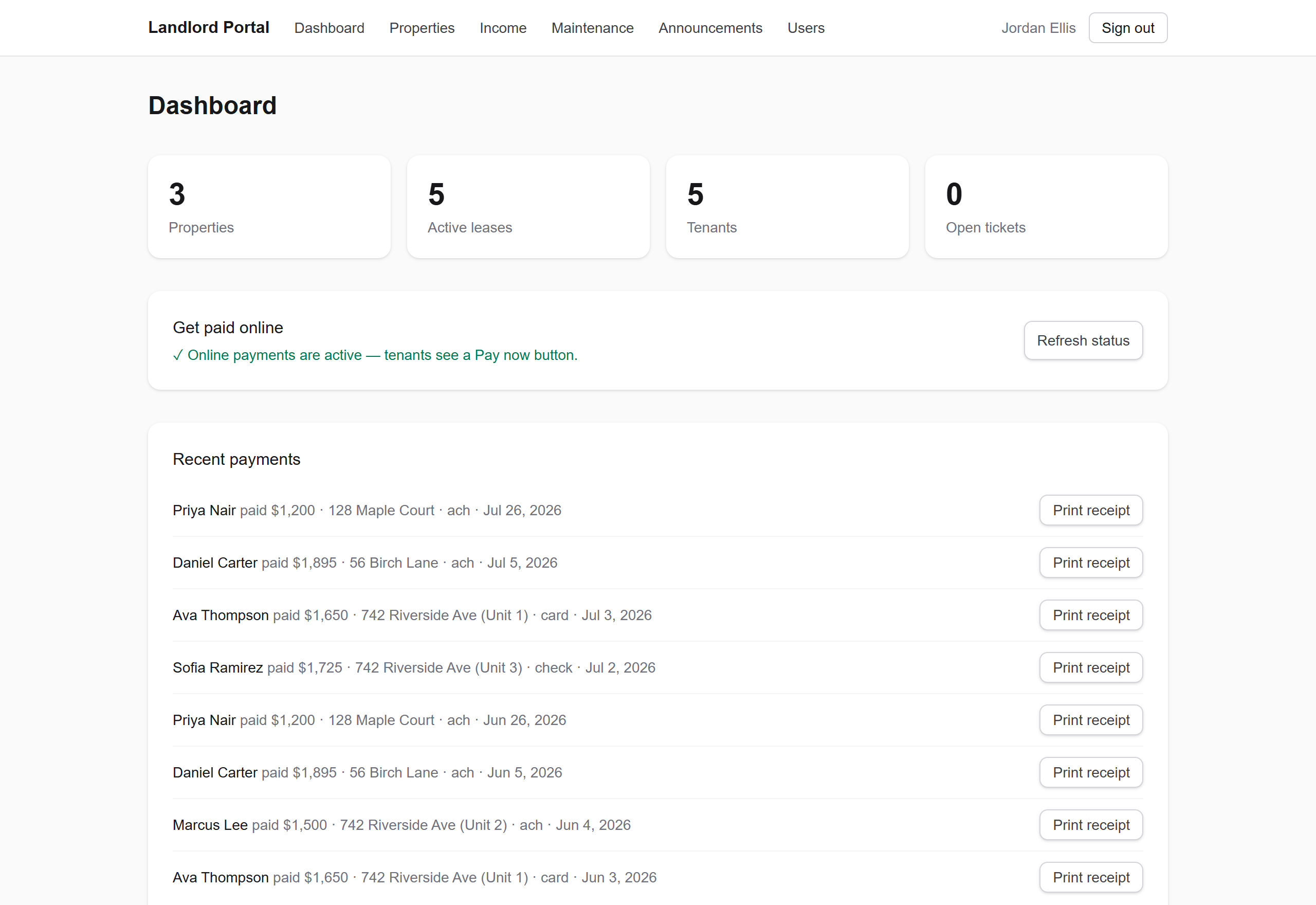 RoostKey landlord dashboard showing collected rent and recent payments