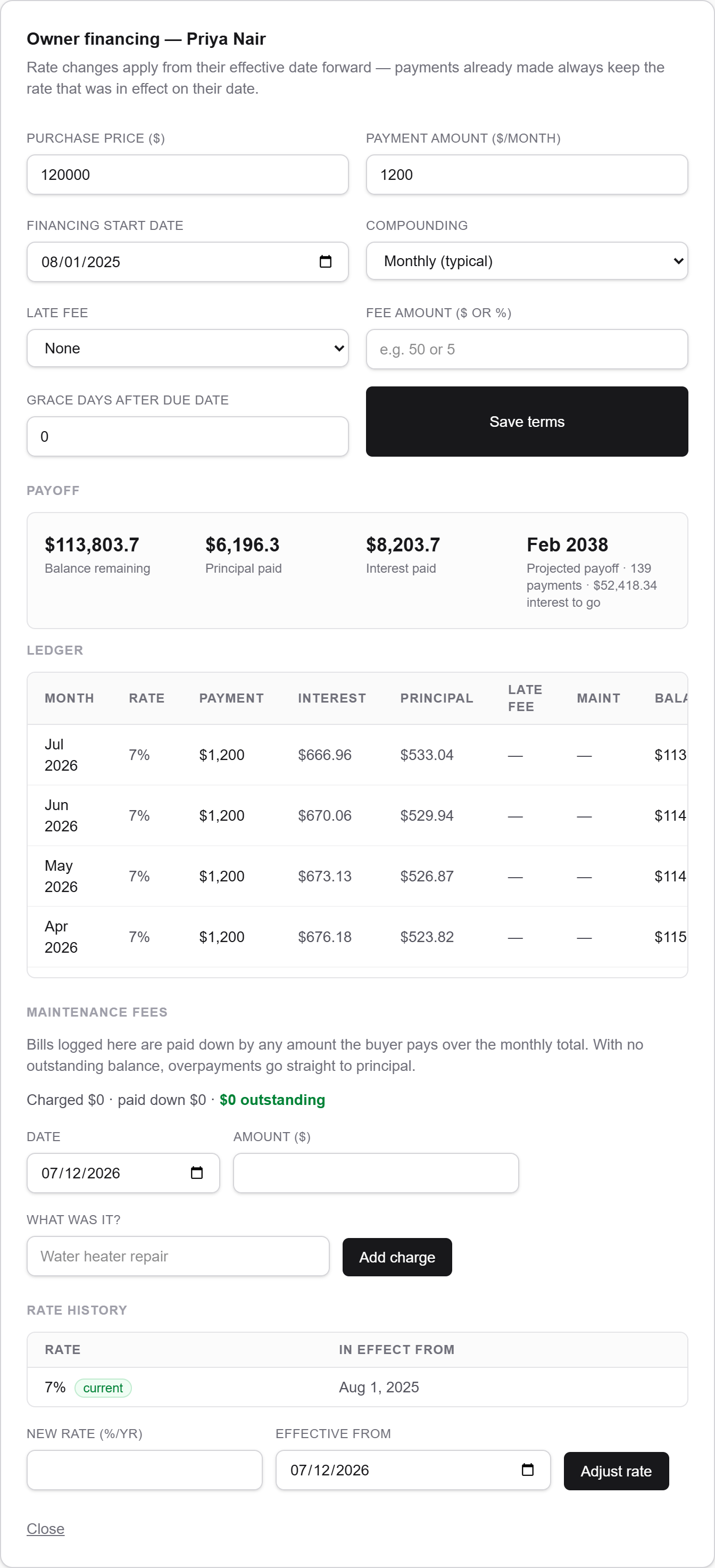 Owner-financing panel: payoff balance, principal and interest paid, and a full amortization ledger